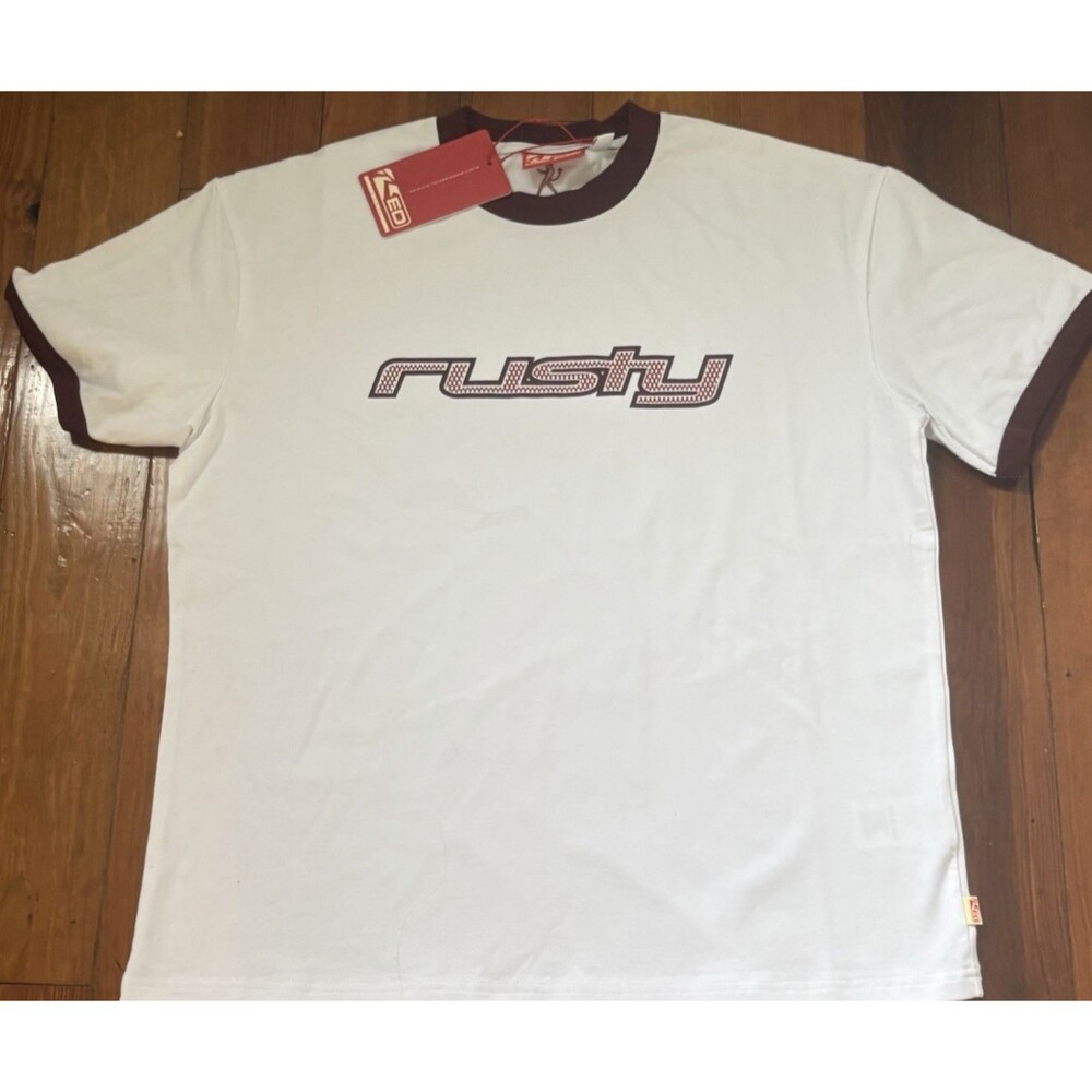 Y2K Vintage Rusty Ringer T-Shirt White Cranberry Red Trim Logo Tee NWT Skate